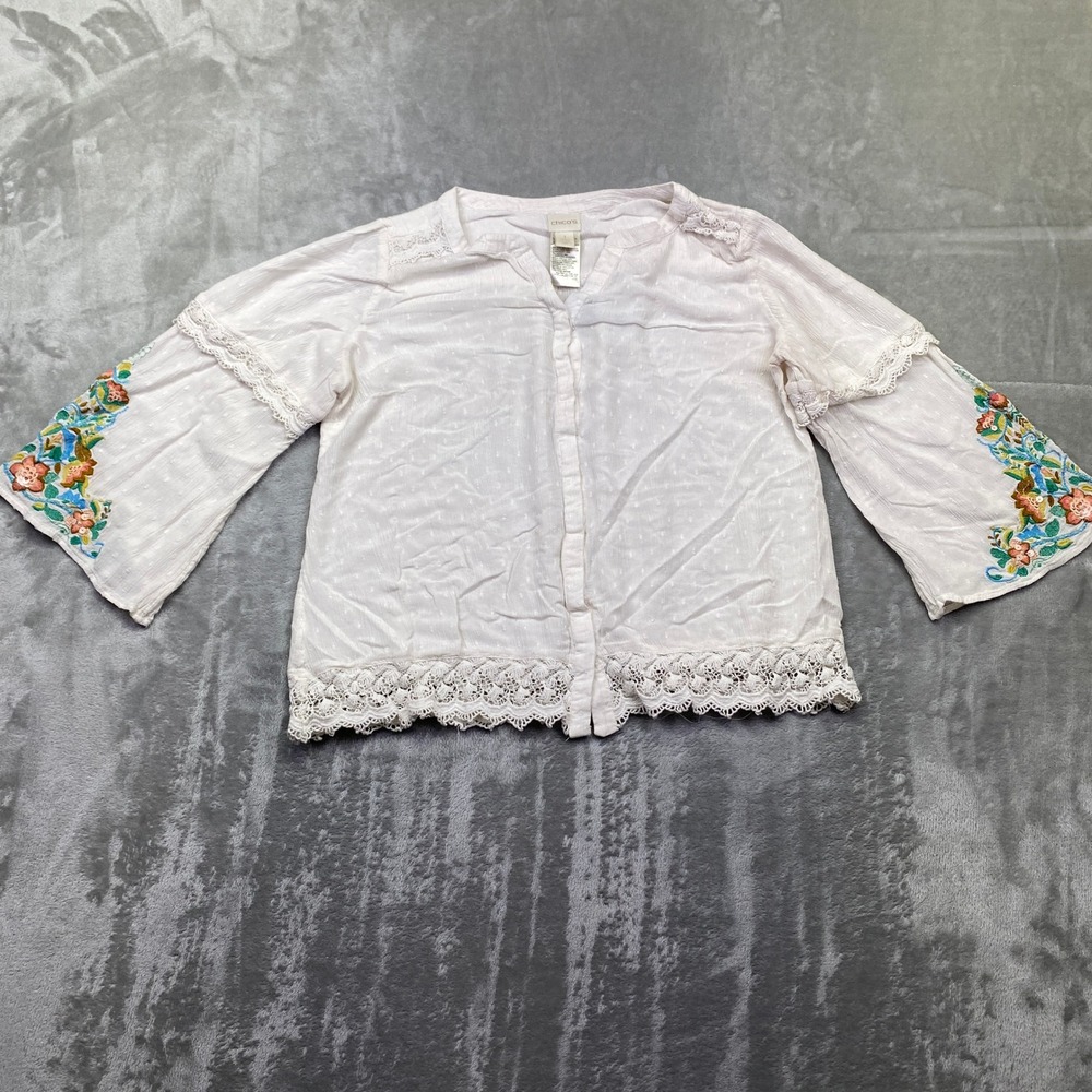 Chicos White Embroidered Lace Bell Sleeve Blouse Top Size 1‎ Boho Fall Festive